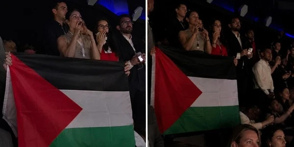 Eurovision 2026'da İsrail performansı sırasında Filistin bayrağı